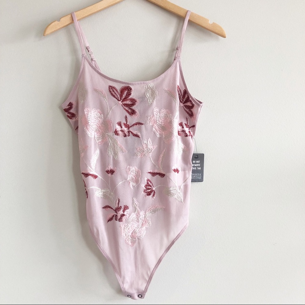 Express Pink Floral Embroidered Sheer Bodysuit XS